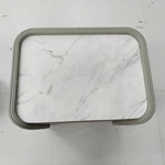 Quilted Light Gray Leather Nightstand with Marble Top & Natural Wood Veneer